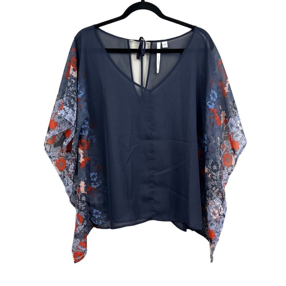 Lauren Conrad Sheer Tunic Blouse V Neck Tie Keyhole Back Floral Blue Women S/M*